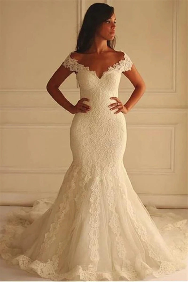 Wedding Dresses with Deep V-Neck for Bold Style -Vintage Full Lace Ivory Wedding Dresses Mermaid Off The Shoulder Women Wedding Dresses with Deep V-Neck for Bold Style -Vintage Full Lace Ivory Wedding Dresses Mermaid Off The Shoulder Women
