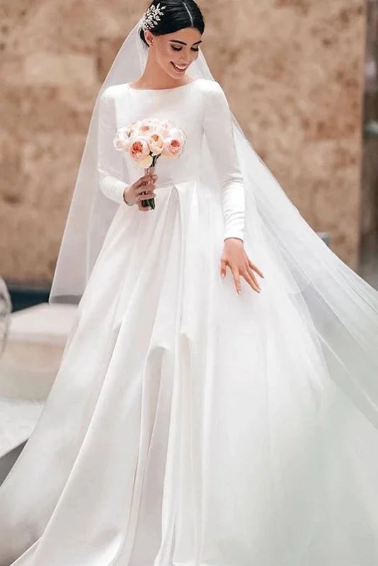 Satin and Lace Wedding Dresses with Boat Neckline -Vintage Ivory A-line Wedding Dress Long Sleeves Satin Bridal Gowns OKX7 Satin and Lace Wedding Dresses with Boat Neckline -Vintage Ivory A-line Wedding Dress Long Sleeves Satin Bridal Gowns OKX7