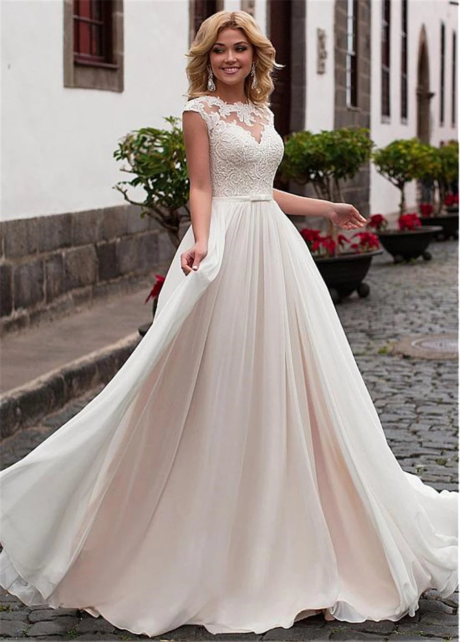 High-Neck Wedding Dresses for Chic Elegance -Back Design Chiffon A-line Wedding Dress Lace Appliques
