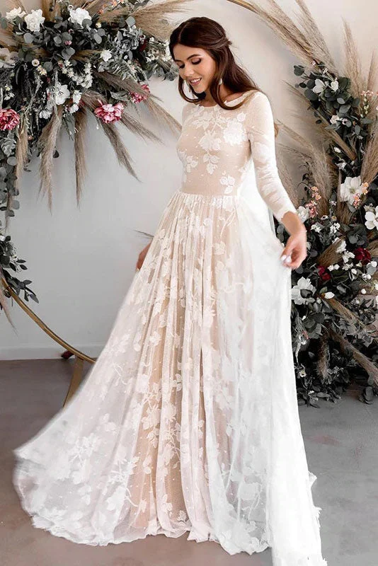 Formal Wedding Dresses for Classic Ceremony -Vintage Lace A-line 3/4 Sleeves Wedding Dress Elegant Backless Boho Bridal Dress OKW13