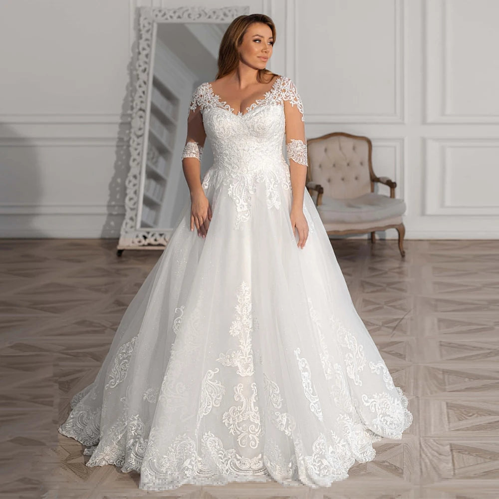 Classic White Wedding Dresses for Traditional Brides -Vintage Lace Wedding Dresses Plus Size Elegant Bridal Dress 3/4 Sleeves