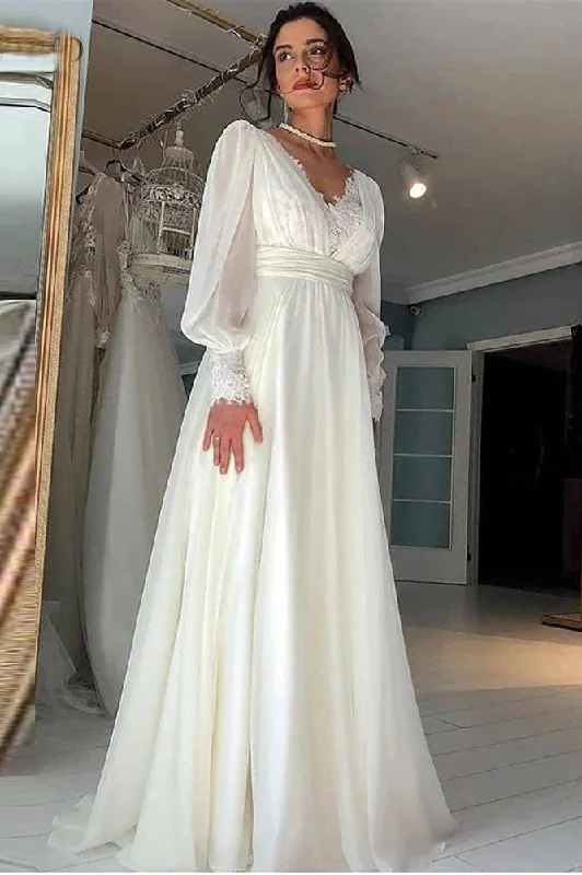 Floral Lace Wedding Dresses for Vintage Charm -Vintage Long Sleeves Wedding Dress Chiffon A-line V Neck Bride Gowns OKV59