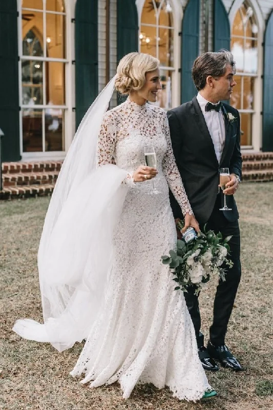 High-Low Wedding Dresses for Modern Look -Vintage Memraid High Neck Lace Wedding Gowns With Long Sleeves OK1290 High-Low Wedding Dresses for Modern Look -Vintage Memraid High Neck Lace Wedding Gowns With Long Sleeves OK1290