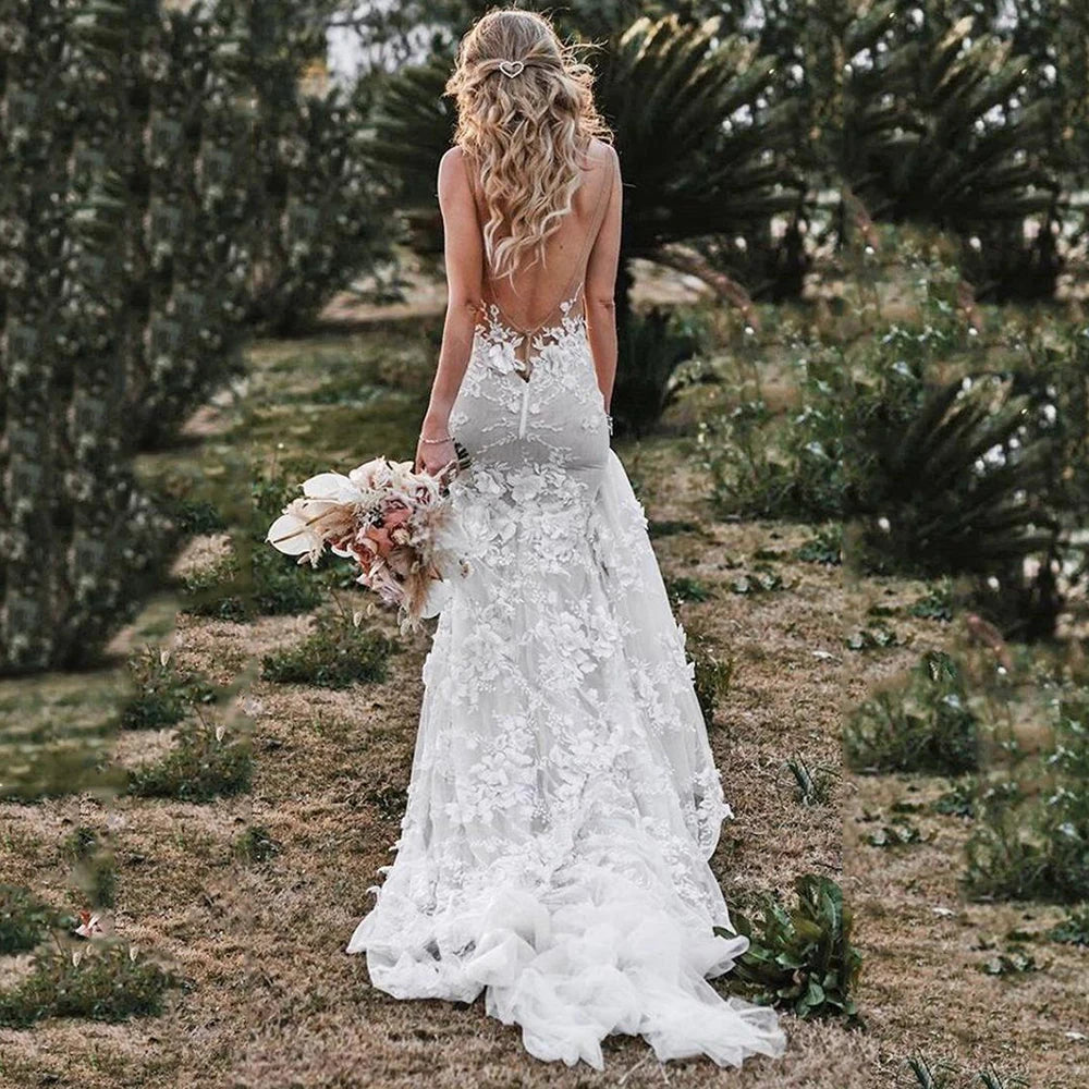 Simple and Elegant Wedding Dresses for Sophisticated Brides -Wedding Dress V-Neck 3D Flowers Appliques Boho Backless Bride Gown