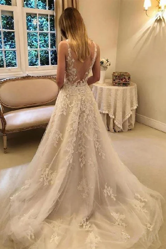 Vintage-Inspired Wedding Dresses for Nostalgic Brides -Vintage Rustic A-Line Tulle V Back Wedding Dress V Neck Lace Appliques Bridal Gown OKZ32