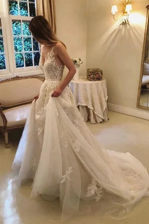 Modern Bridal Gowns for Contemporary Brides -Vintage Rustic A-line Tulle V-neck Beaded Lace Appliques Wedding Dresses Bridal Gown OK1674