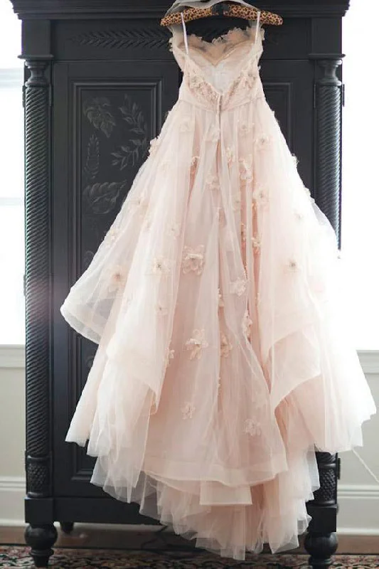 Lace Wedding Dresses with Cap Sleeves for Modest Style -Vintage Strapless Sweetheart A Line Flower Tulle Pearl Pink Wedding Dresses OK589