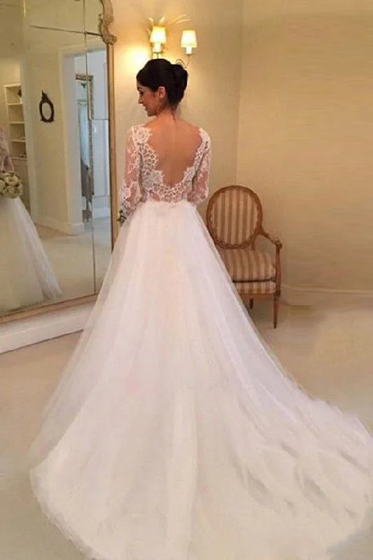 Wedding Dresses with Low Back for Sultry Look -White A-line Long Sleeves Beading Lace Backless Court Train Wedding Dress OK524