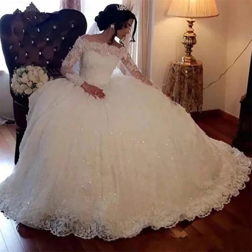 Full-Skirt Wedding Dresses for Dramatic Entrance -White Ball Gown Long Sleeves Wedding Dress Lace Sequin Appliques