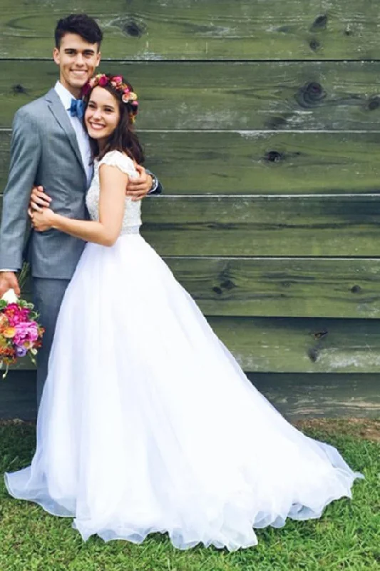 Wedding Dresses with Pockets for Practical Elegance -White Bateau Neck A-line Beading Organza Long Wedding Dress OK552
