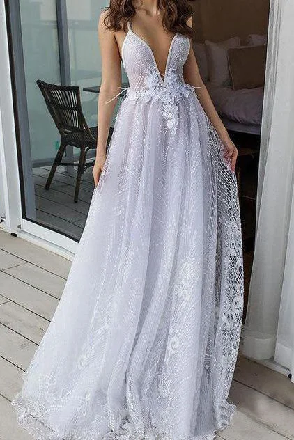 Wedding Dresses with Lace Bodice for Romantic Detail -White Deep V Neck Beach Wedding Dress Spahetti Straps Lace Bridal Dresses OKP89 Wedding Dresses with Lace Bodice for Romantic Detail -White Deep V Neck Beach Wedding Dress Spahetti Straps Lace Bridal Dresses OKP89