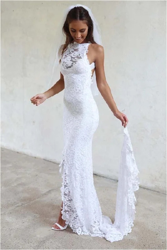 Lace Wedding Dresses for Traditional Romance -White High Neckline Lace Backless Mermaid Wedding Dress With Court Train OK568 Lace Wedding Dresses for Traditional Romance -White High Neckline Lace Backless Mermaid Wedding Dress With Court Train OK568