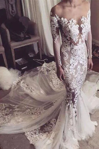 Strapless Wedding Dresses with Beading for Glamorous Look -White Lace Appliques Mermaid Long Sleeves Tulle Wedding Dresses OK595 Strapless Wedding Dresses with Beading for Glamorous Look -White Lace Appliques Mermaid Long Sleeves Tulle Wedding Dresses OK595