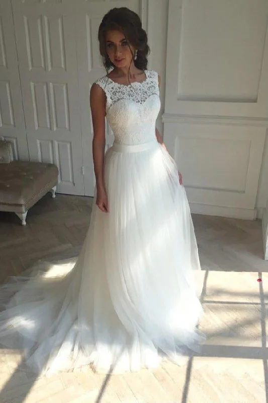 Silk Satin Wedding Dresses for Refined Elegance -White Lace Sleeveless Wedding Dress,Sexy Tulle A Line Long Bridal Gowns OK390