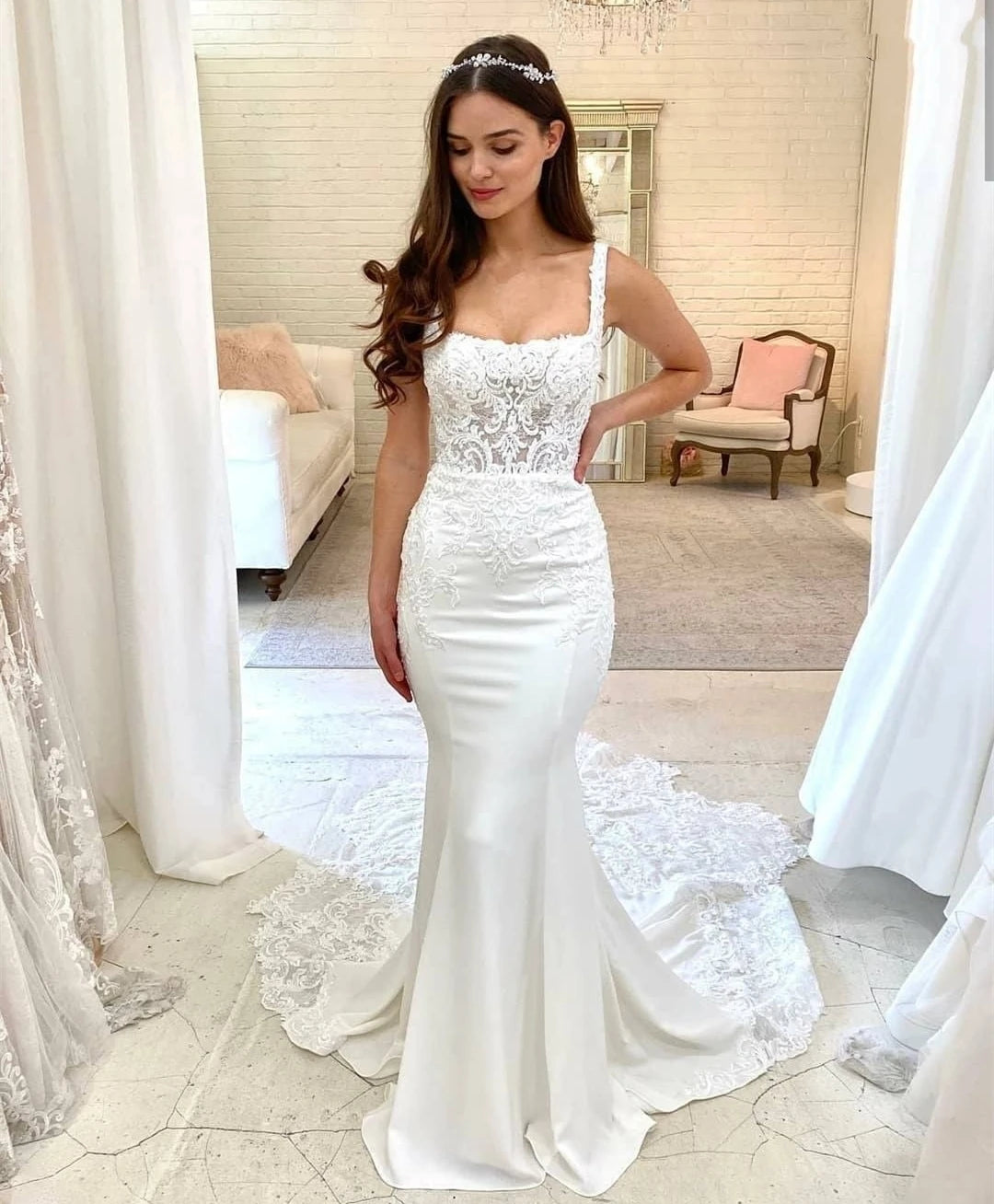 Classic Lace Wedding Dresses for Timeless Brides -White Mermaid Wedding Dress Square Collar Lace Appliques For Women Classic Lace Wedding Dresses for Timeless Brides -White Mermaid Wedding Dress Square Collar Lace Appliques For Women