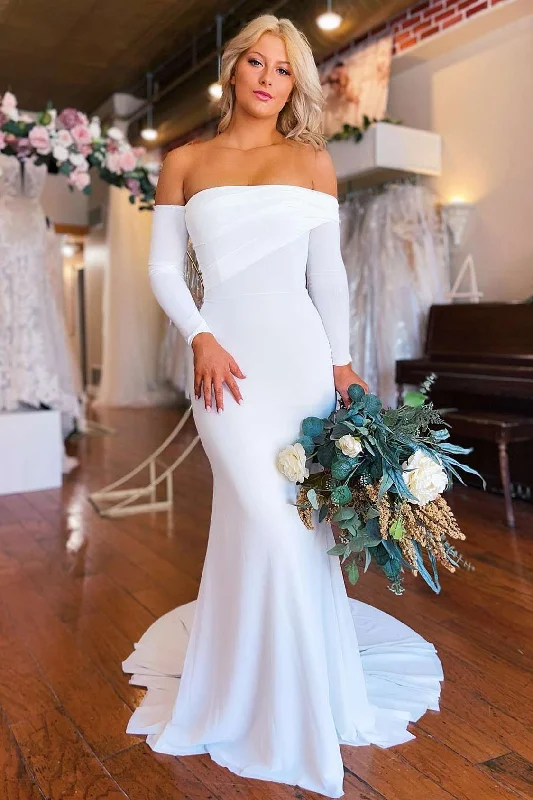 Strapless Satin Wedding Dresses for Sophisticated Charm -White Off-the-Shoulder Long Sleeves Mermaid Wedding Dress Beach Bridal Dress OK1567 Strapless Satin Wedding Dresses for Sophisticated Charm -White Off-the-Shoulder Long Sleeves Mermaid Wedding Dress Beach Bridal Dress OK1567