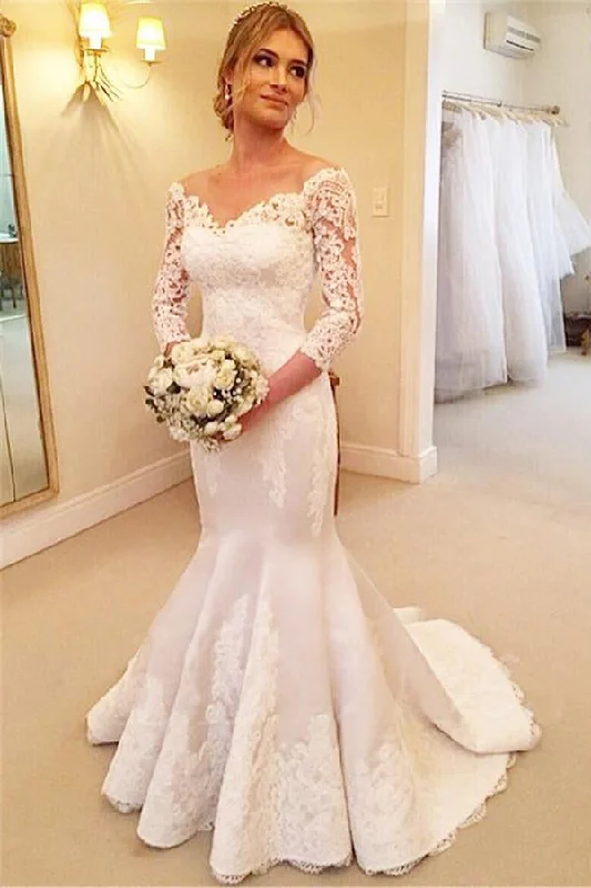 Vintage Lace Wedding Dresses for Timeless Beauty -White Satin V-Neck 3/4 Sleeves Buttons Mermaid Wedding Dresses With Lace OK544 Vintage Lace Wedding Dresses for Timeless Beauty -White Satin V-Neck 3/4 Sleeves Buttons Mermaid Wedding Dresses With Lace OK544