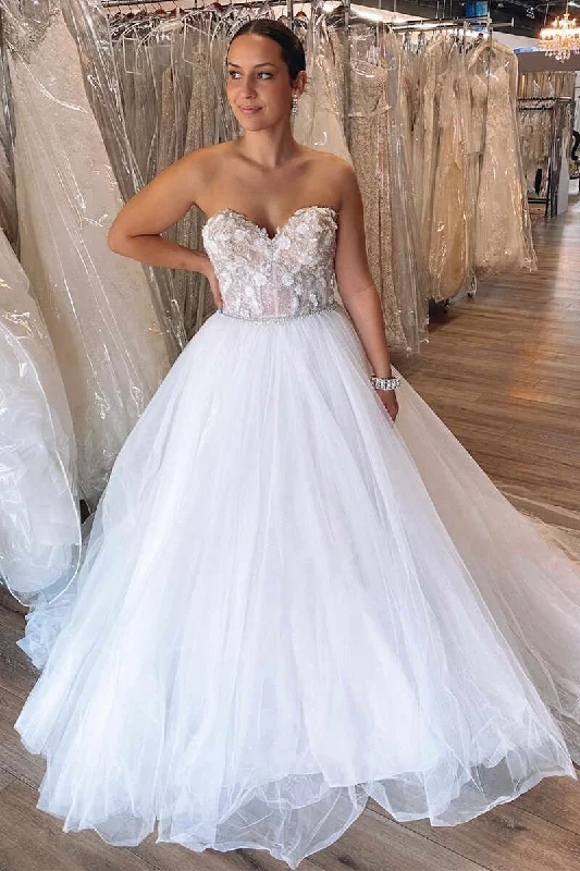 Fitted Wedding Dresses for Sculpted Look -White Sweetheart Appliques Tulle Long Ball Gowns Wedding Dress OK1536 Fitted Wedding Dresses for Sculpted Look -White Sweetheart Appliques Tulle Long Ball Gowns Wedding Dress OK1536