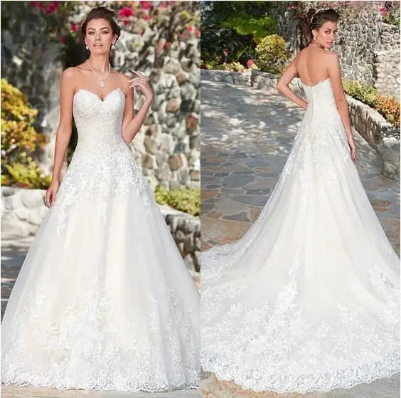 Wedding Dresses with Sheer Sleeves for Elegant Touch -White Sweetheart Neck Tulle Lace Applique A-line Wedding Dress