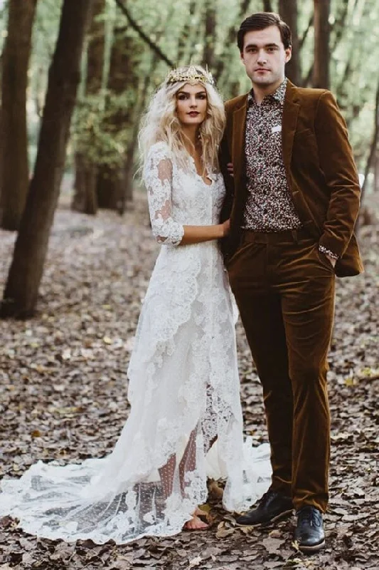 Bohemian Lace Wedding Dresses for Carefree Vibe -White Tulle Lace 3/4 Sleeves Beach Wedding Dress Lace Appliques Boho Bridal Gowns OKY67