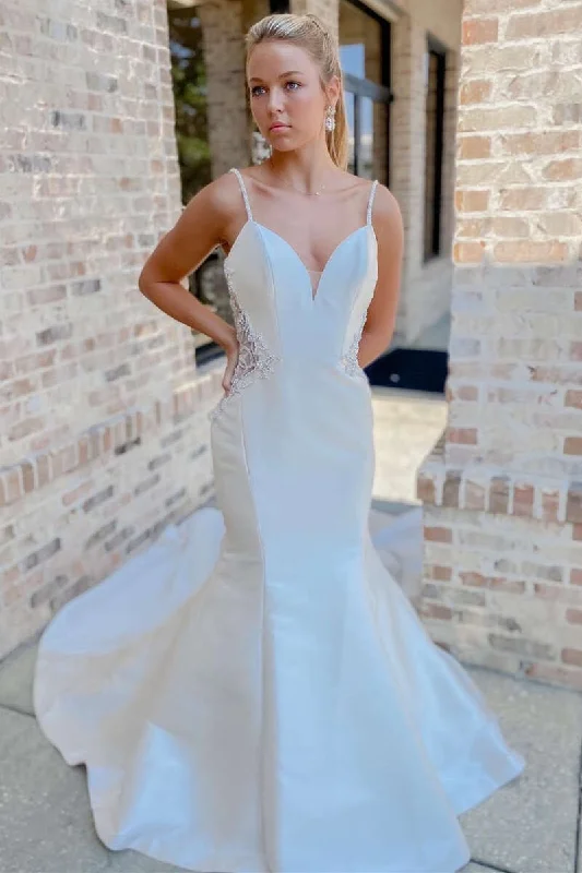 Modern Wedding Dresses with Clean Lines for Sleek Look -Off White V-Neck Beaded Mermaid Satin Spaghetti Straps Long Wedding Dress OK1537 Modern Wedding Dresses with Clean Lines for Sleek Look -Off White V-Neck Beaded Mermaid Satin Spaghetti Straps Long Wedding Dress OK1537