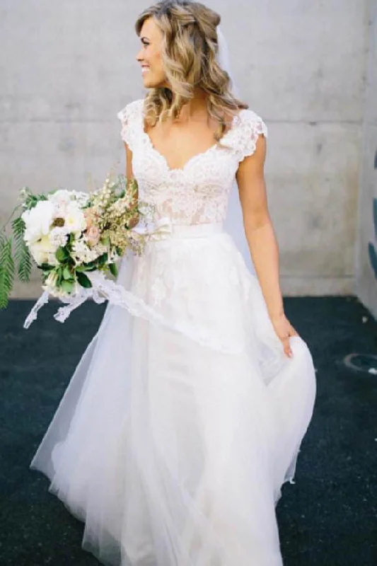 Long-Sleeve Wedding Dresses for Formal Elegance -White V-Neck Lace Top Tulle Cap Sleeve A-Line Wedding Dresses OK593