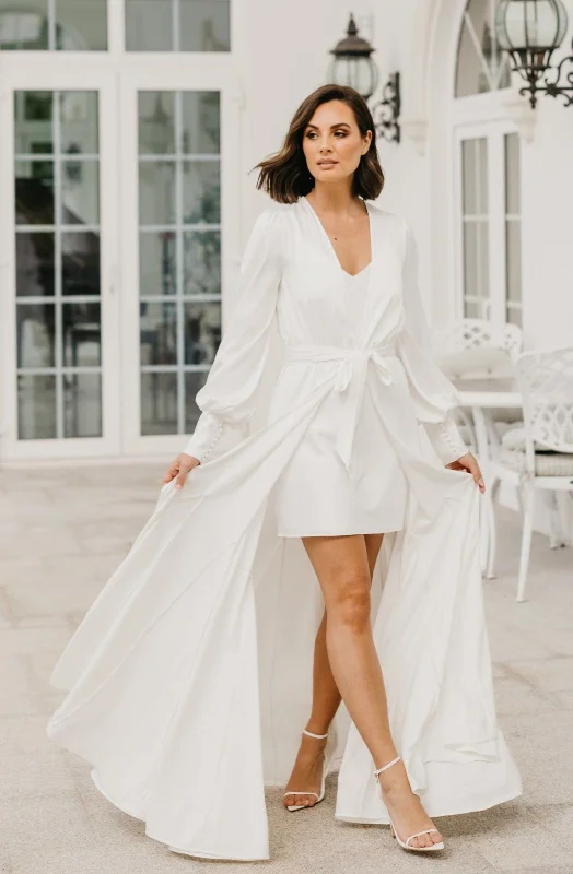 Backless Bridesmaid Dresses for Sexy Appeal -Delilah Satin Godet Maxi Bridal Robe - Includes Slip Backless Bridesmaid Dresses for Sexy Appeal -Delilah Satin Godet Maxi Bridal Robe - Includes Slip